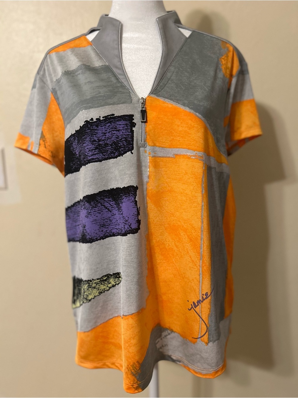 jamie sadock Orange, Gray & Purple Short Sleeve Zip-Front Top